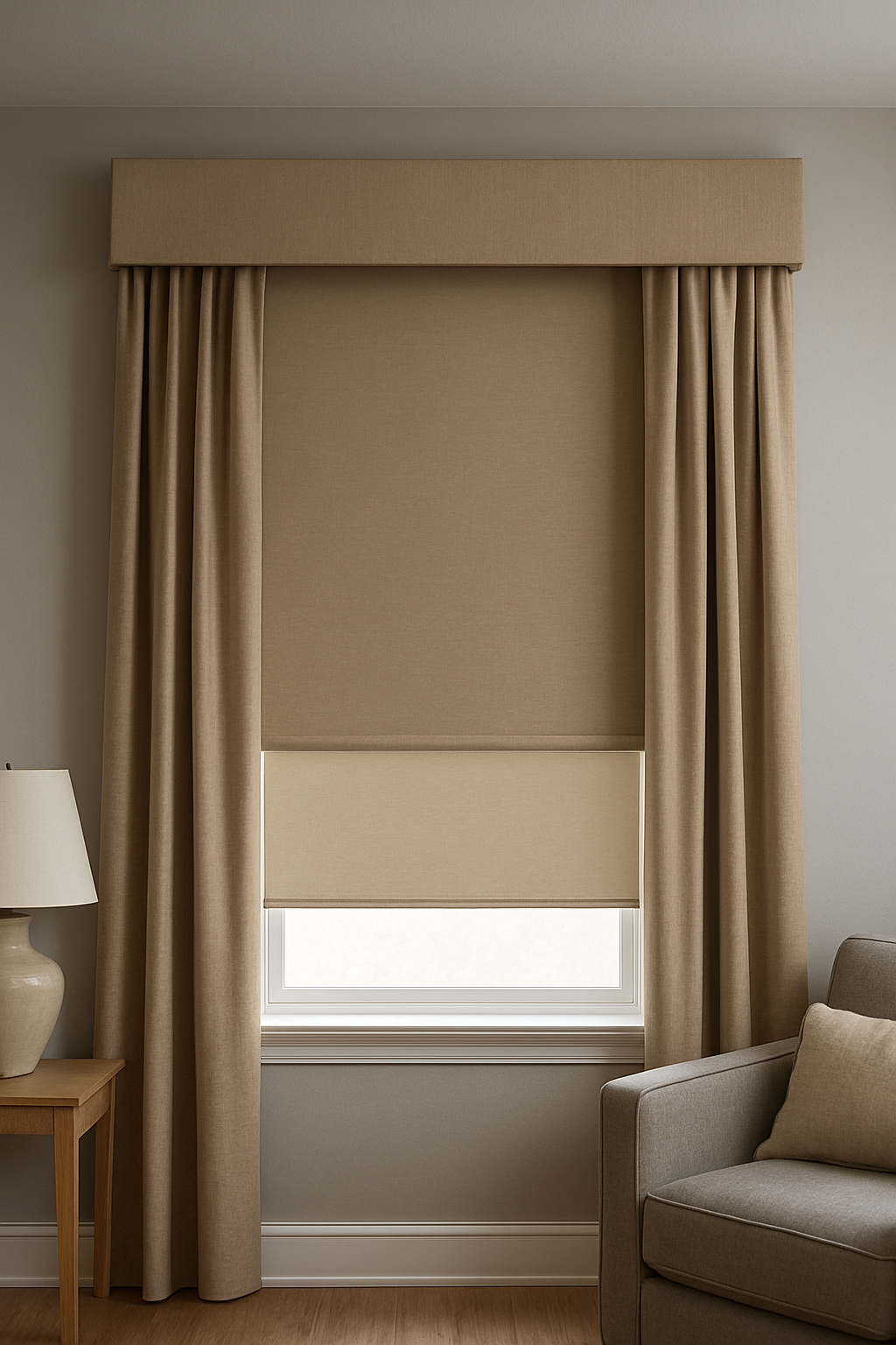 Window with blackout roller shade, soft side panel, and valance